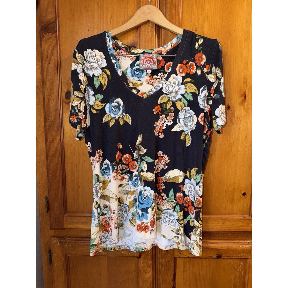 Johnny Was Millay Floral Crew Neck Short Sleeve Bamboo Knit Jersey Tee Shirt L